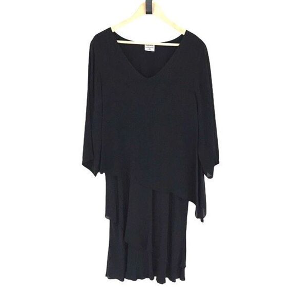 Click Color Me Cotton Womens 3/4 Sleeve Flowy Crinkle Layer Midi Dress Black XXL - Picture 1 of 8